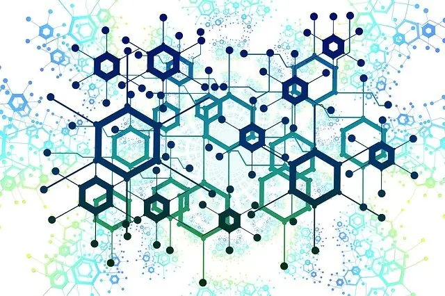 Un dibujo de hexagonos en color azul interconectados como si fuese una red