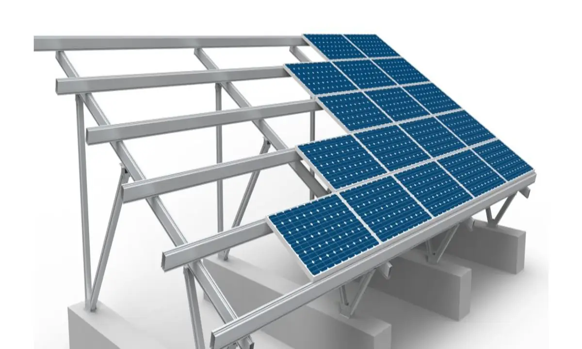Un dibujo de una estructura metálica con algunos paneles solares instalados