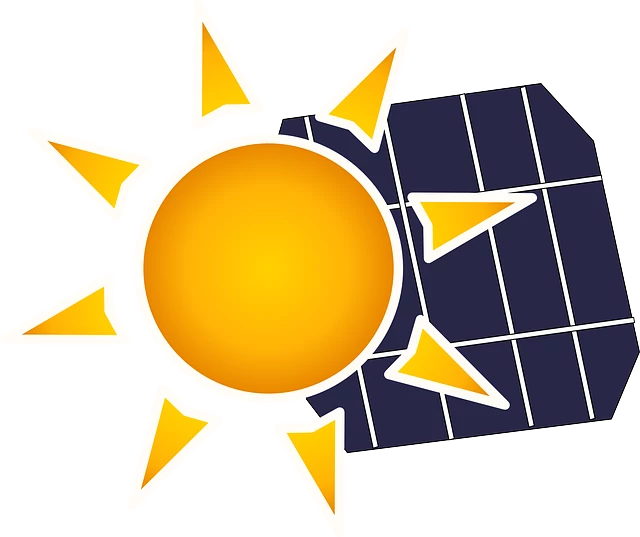 Un dibujo de una celda solar en color azul detrás de un sol de color amarillo