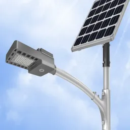 Ilustración de la parte superior de un poste de alumbrado público con lámpara led y un panel solar