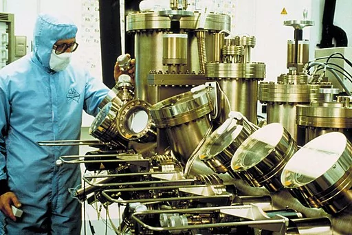 Foto de un técnico manejando equipos de ultra alto vacío utilizados para la deposición de materiales semiconductores